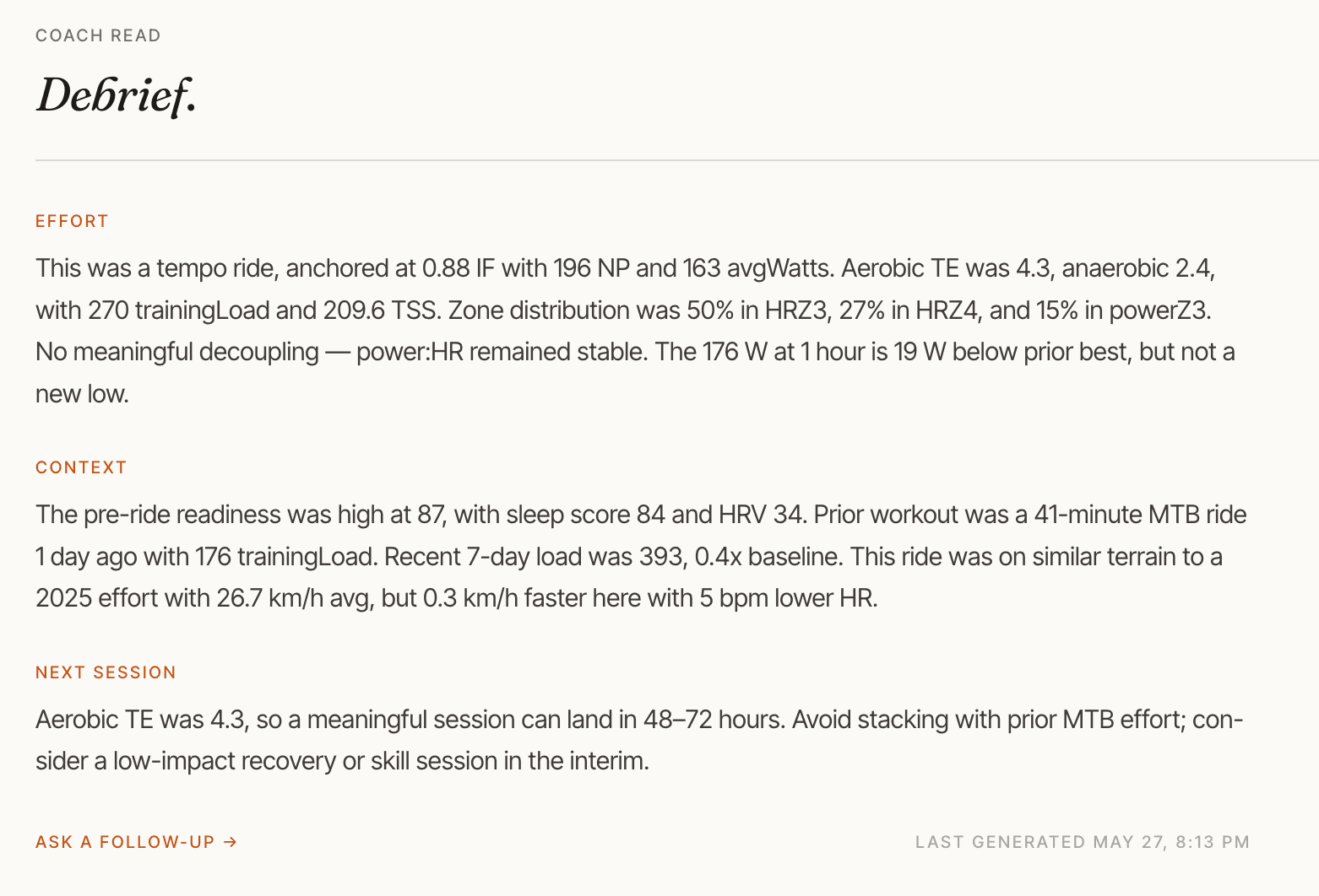 Screenshot of the per-ride coach debrief generated by the local LLM