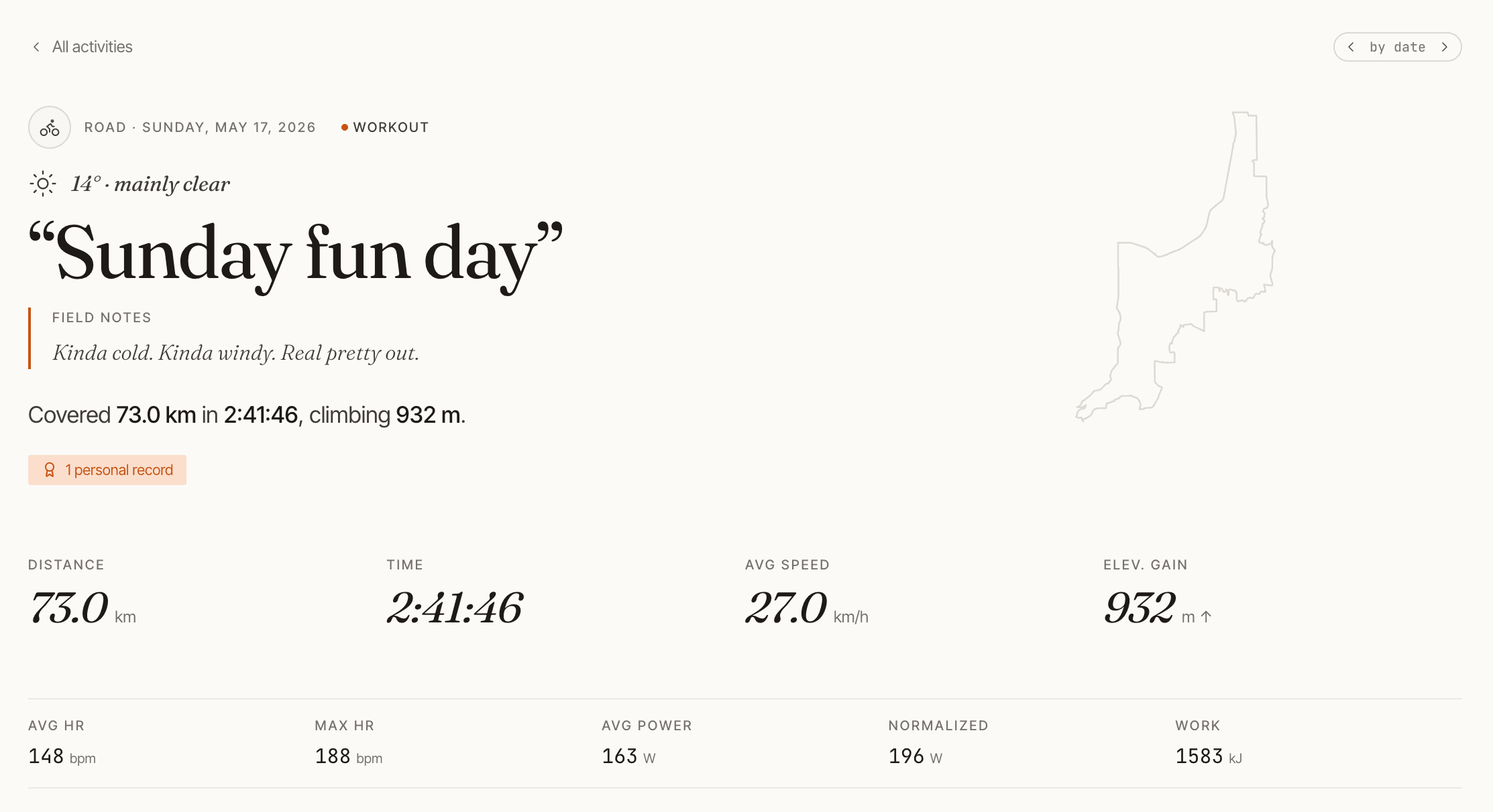 Screenshot of the per-ride summary view