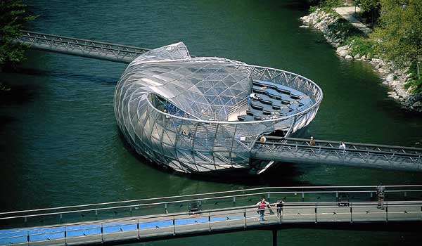 Aiola Island restaurant on the Mur River in Graz, Austria