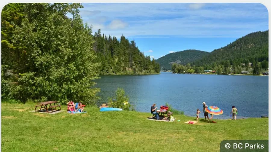 Families swimming and picnicking on a grassy bank beside a green lake