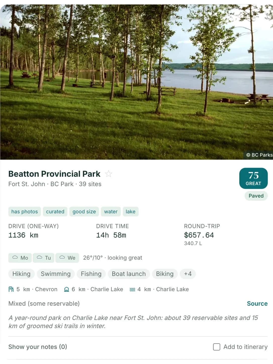 Beatton Provincial Park card: a lakeside meadow of birch trees, with score, drive time and round-trip cost