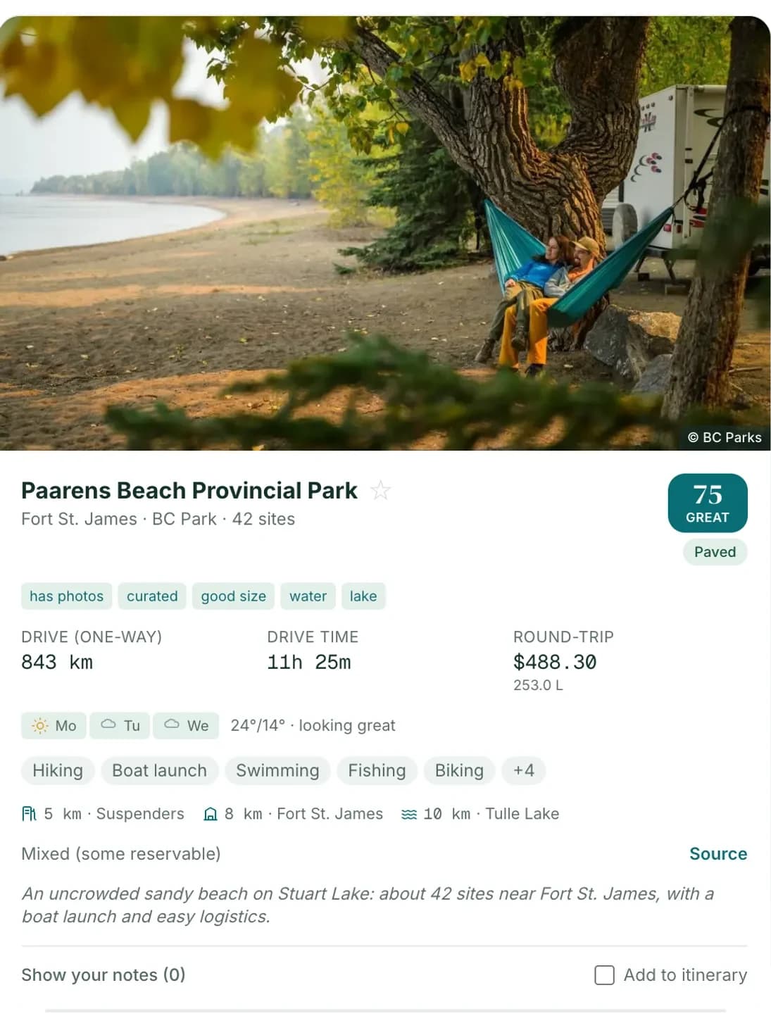 Paarens Beach Provincial Park card: a hammock strung between trees on a sandy beach, with score, drive time and cost