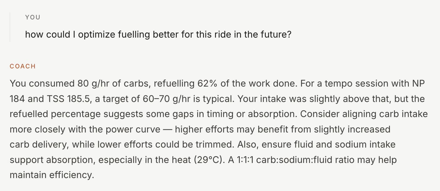 Screenshot of the coach chat: a follow-up question about fueling answered with the ride's own carb, power and temperature numbers
