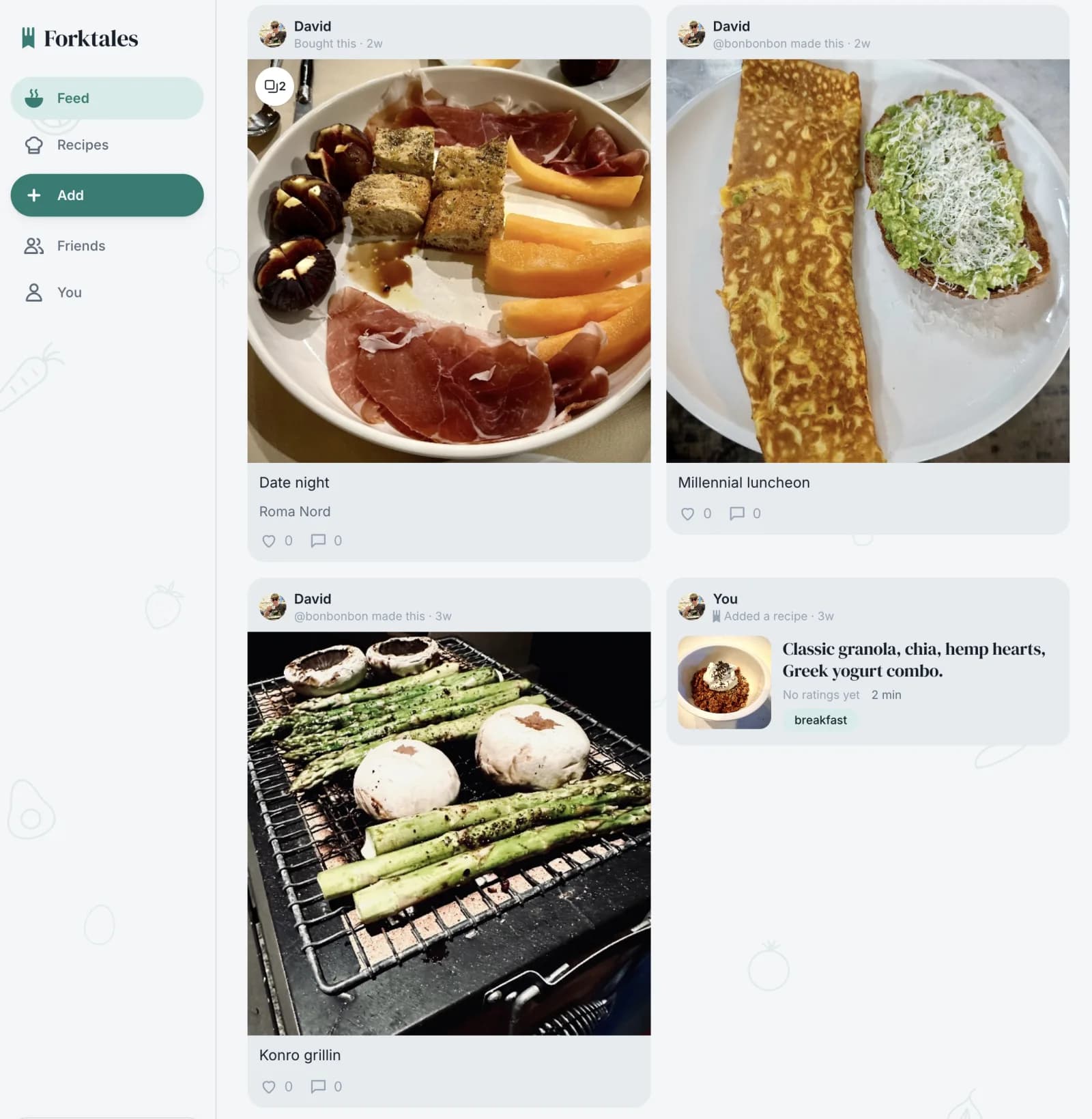 Forktales at desktop width: a side rail with Feed, Recipes, Add, Friends and You, and the feed in two columns: a plate of prosciutto and melon bought in Rome, an omelette beside avocado toast, mushrooms and asparagus on a grill and a granola recipe