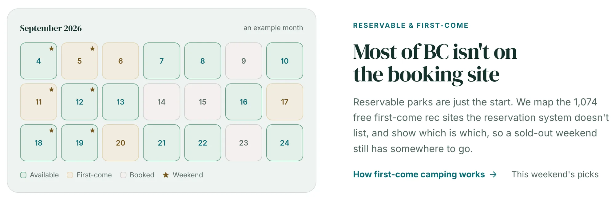 Screenshot of an availability calendar beside the heading 'Most of BC isn't on the booking site'