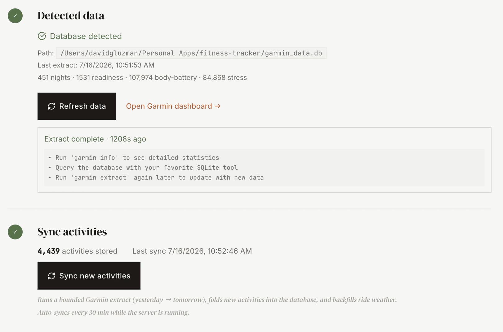 Screenshot of the Setup page: the detected Garmin database with its path and last extract, and the activity sync panel