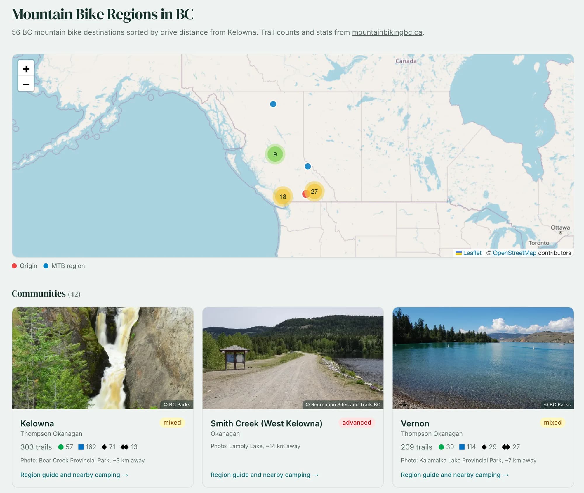Screenshot of the mountain bike regions page: a map of BC dotted with riding areas above cards for Kelowna, Smith Creek and Vernon with trail counts