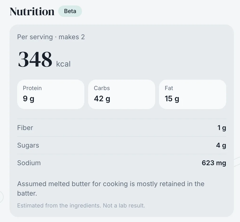 The nutrition panel for the waffles: 348 kcal per serving, protein, carbs and fat, with a note that it is estimated from the ingredients