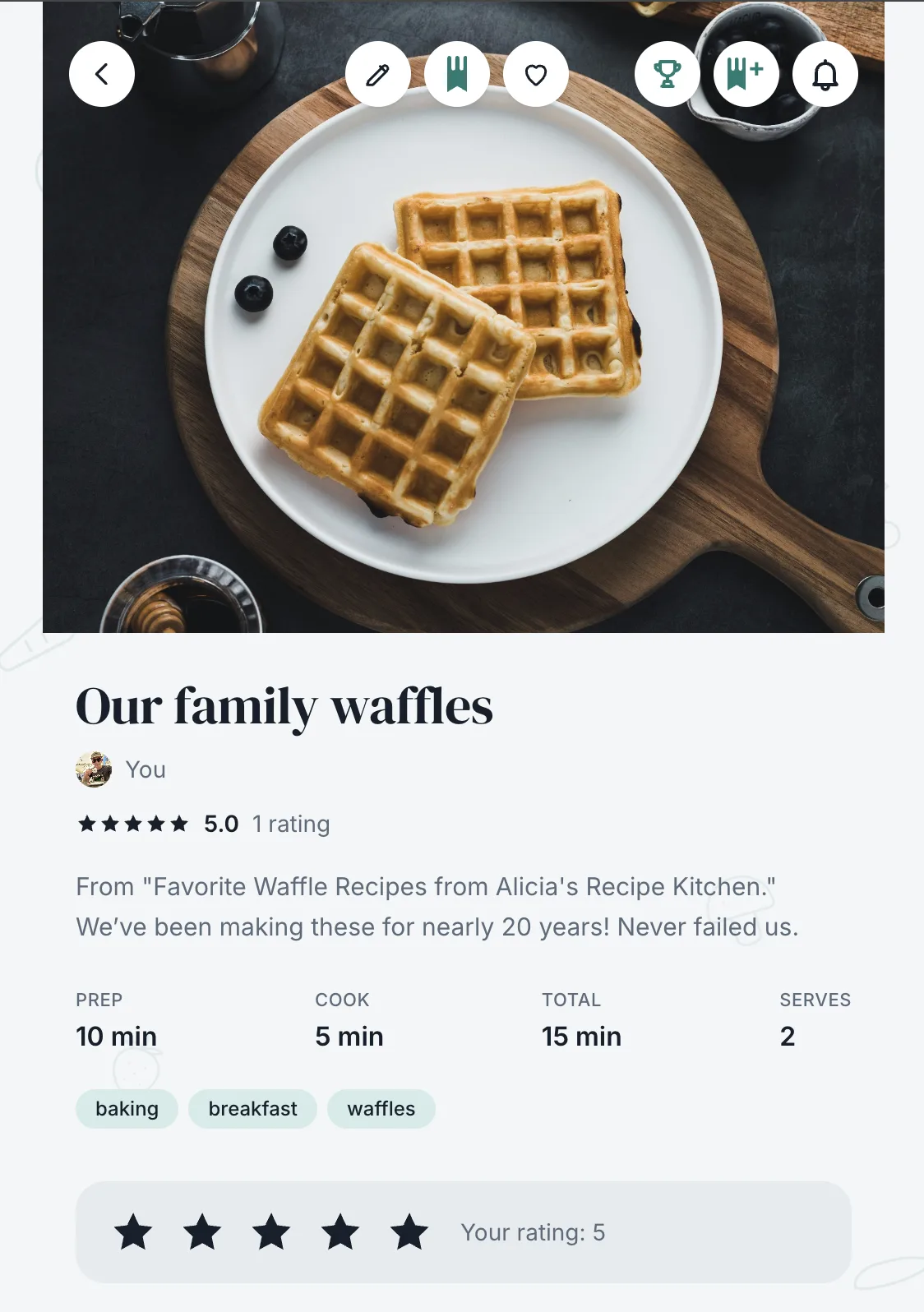 The waffle recipe page in Forktales: a photo of two waffles, the title Our family waffles, a five-star rating and the note that we have made them for nearly twenty years