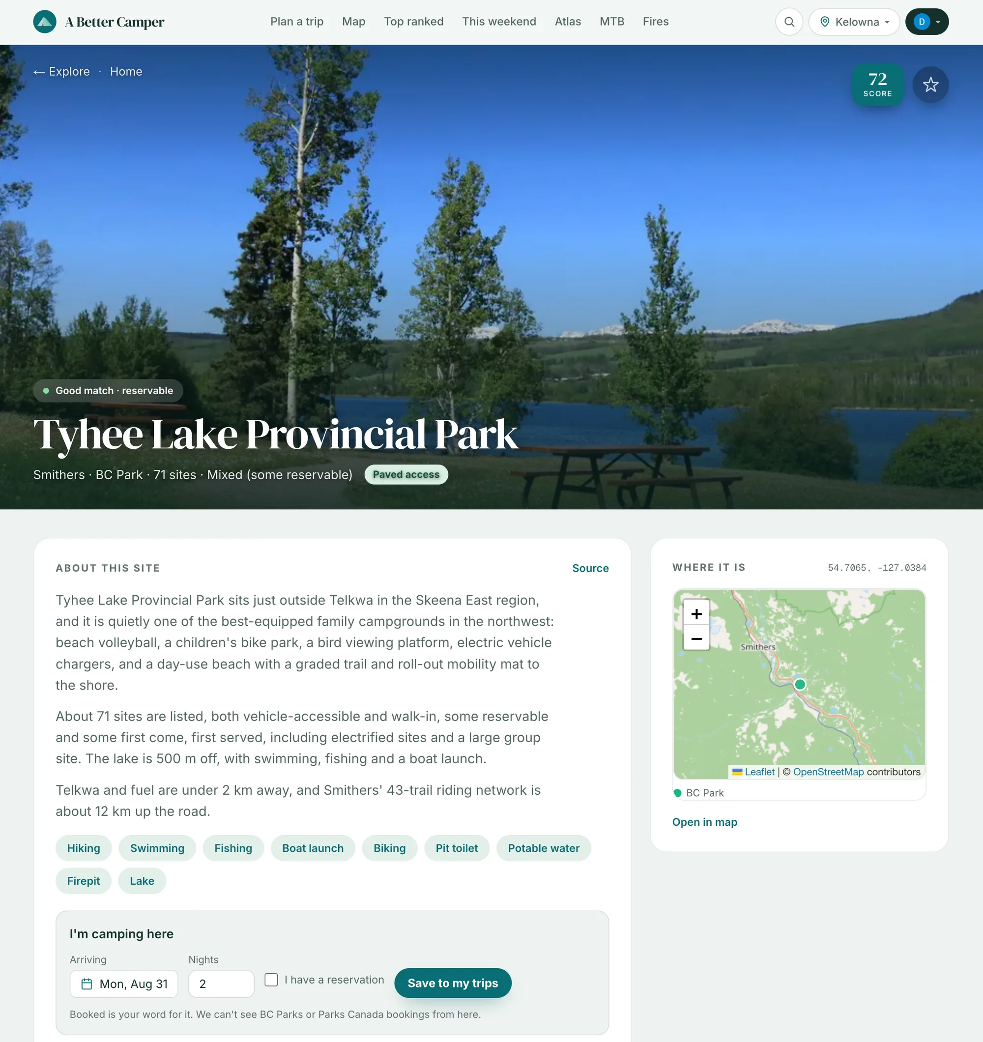 Screenshot of the Tyhee Lake Provincial Park page, its description naming the site count, the fuel two kilometres away and the trail network up the road