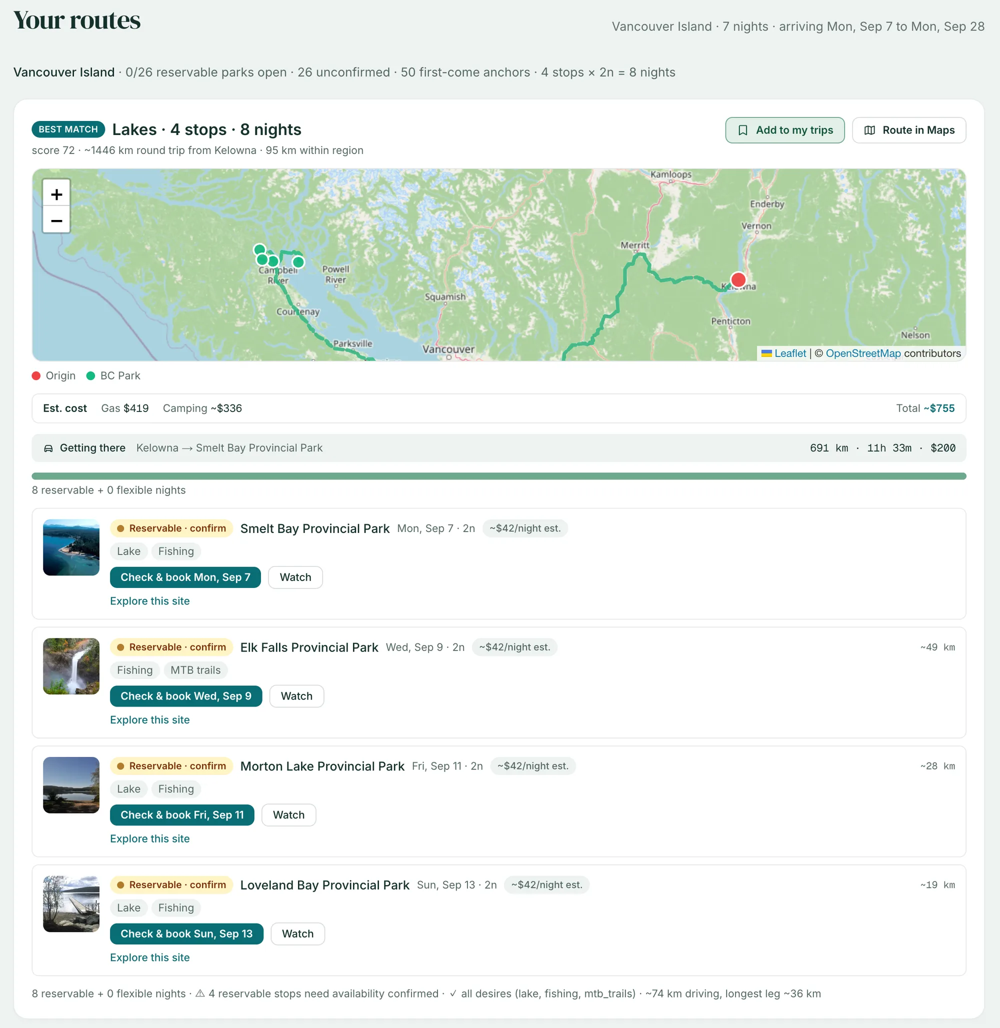 Screenshot of a planned route on Vancouver Island: four campgrounds over eight nights, mapped, with fuel and camping costs and a booking link for each stop