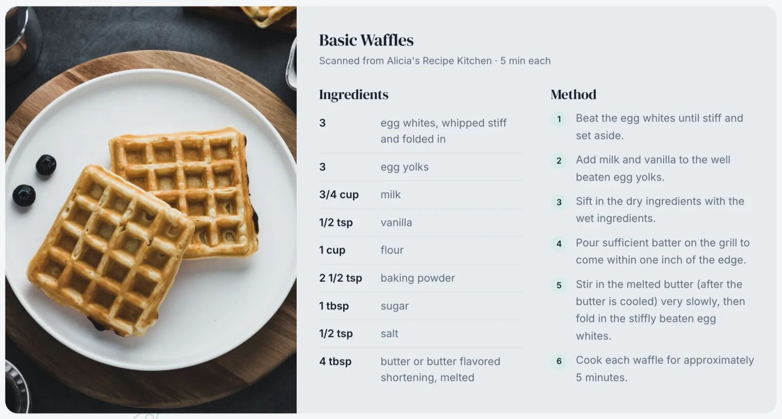 The waffle recipe in Forktales: a photo of two waffles with blueberries on the left, then the title Basic Waffles, scanned from Alicia's Recipe Kitchen, nine ingredients with quantities and six numbered steps side by side